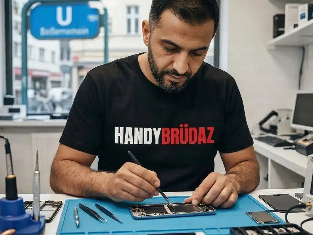 Techniker von HANDYBRÜDAZ repariert ein Smartphone in der Werkstatt in Berlin-Schöneberg